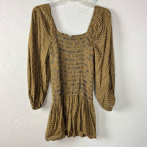 UO Urban Outfitters Dress‎ Mini Francis Plaid Print Brown Black White Smocked - Picture 1 of 10
